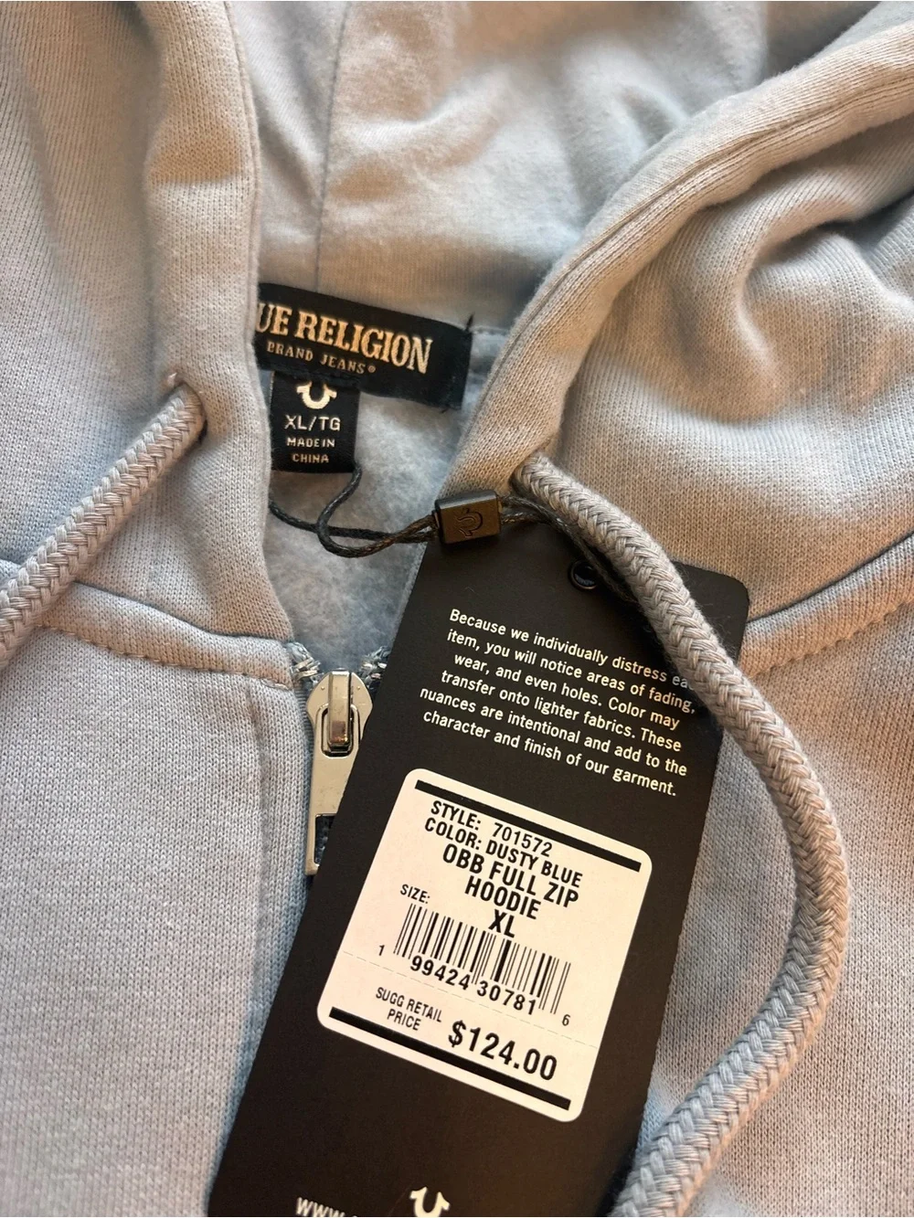 NWT True Religion Light blue Zip-Up Hoodie
